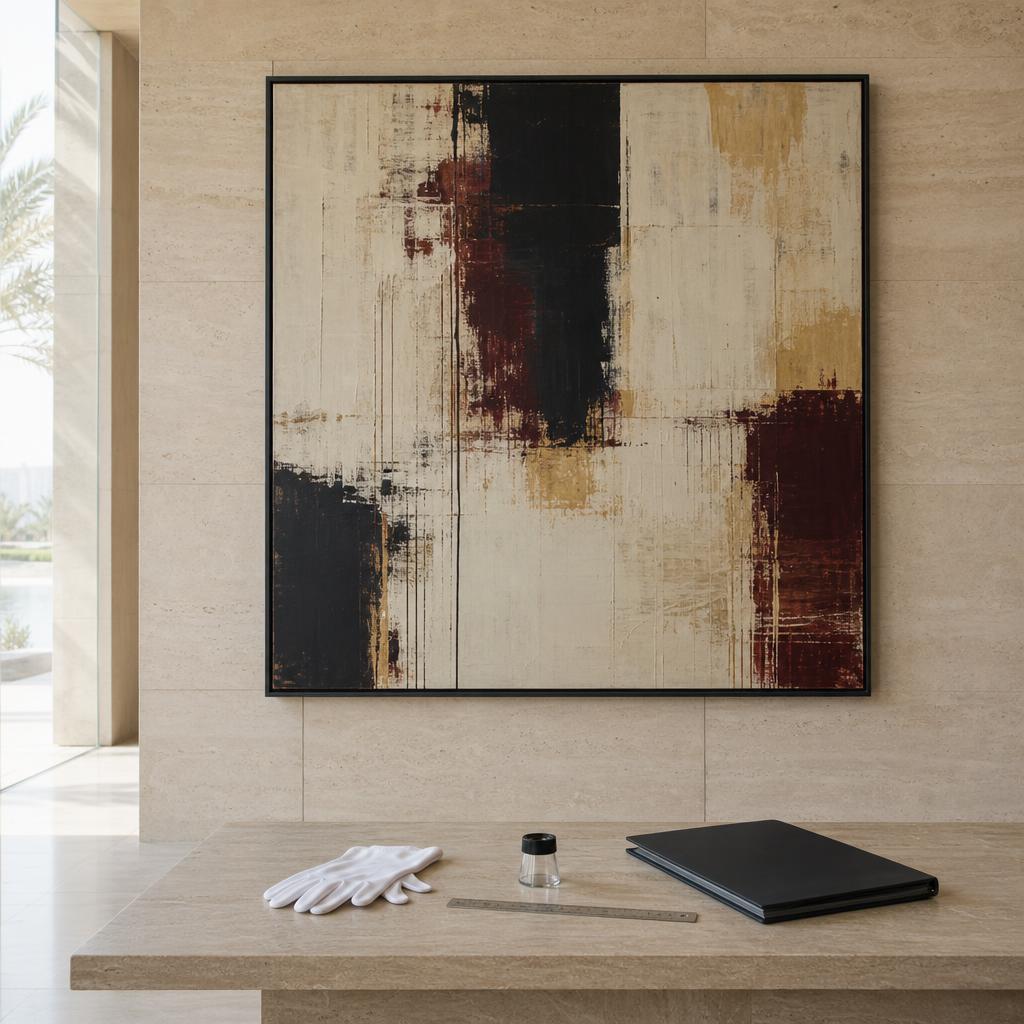 A large abstract painting displayed above appraisal gloves, a loupe, a ruler and an archival folder in a Dubai interior.